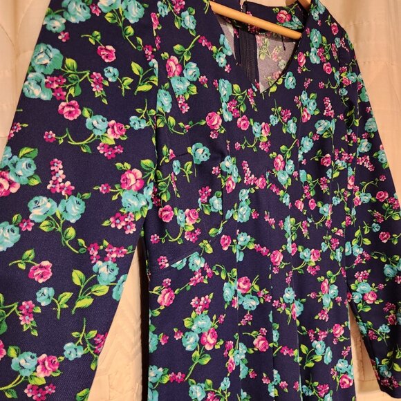 🌸 VTG 70s Handmade Floral Maxi Dress Navy Pink Blue Gown 💙 - Picture 6 of 8